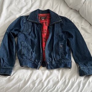 Vintage IZZI Blue Denim Jacket with plaid Red Lining